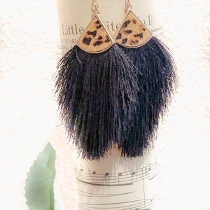 Leopard Print Leather Black Tassel Earrings